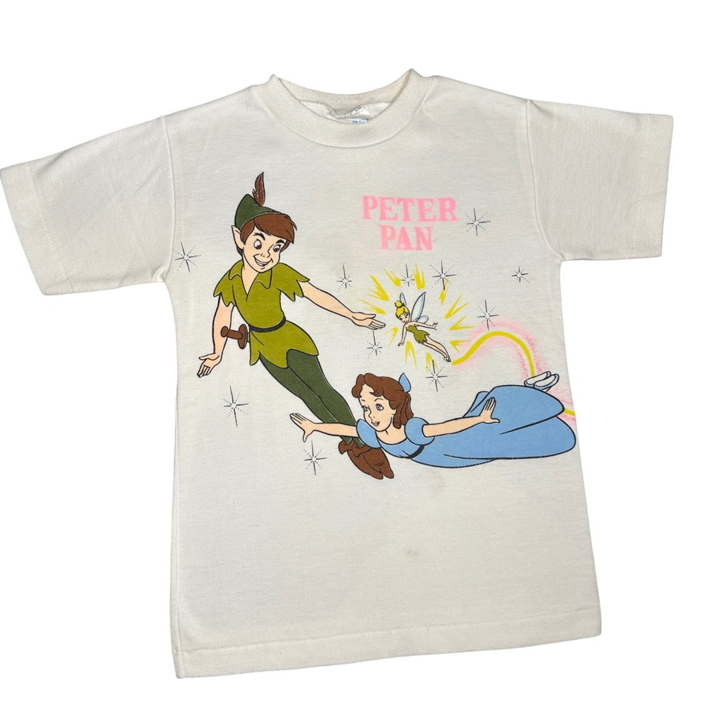 RARE VTG 70s Disney Peter Pan T Shirt Kids M 5-6 White Graphic AOP Made in USA
